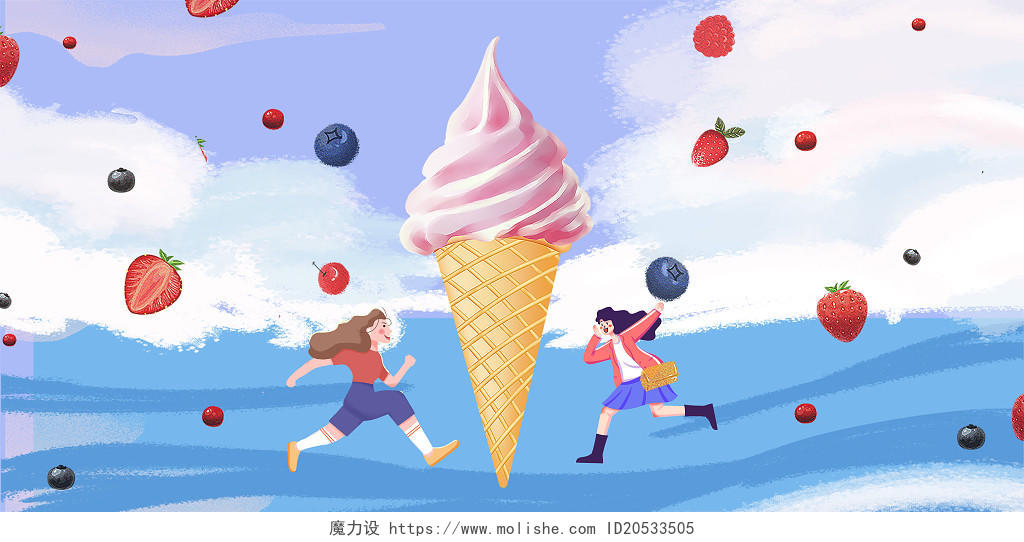 蓝色简约夏天夏季冰淇淋人物展板背景